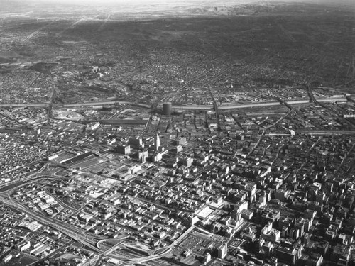 Aerial view of Civic Center, looking northeast