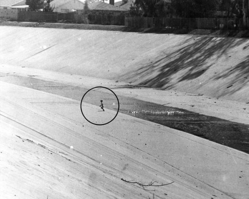 Young boy romps near unprotected rushing channel water