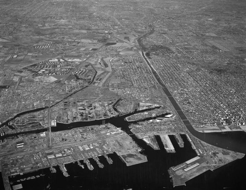 Birdseye view of Long Beach, Port of Long Beach, looking north