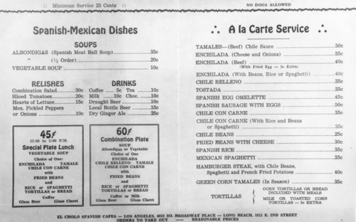 Menu for El Cholo Restaurant