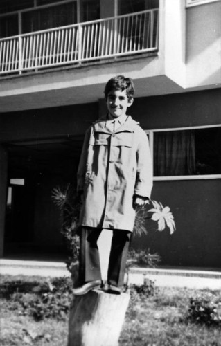 Turkish boy stands on a tree stump