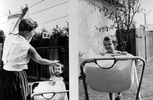 Hanging laundry in the backyard