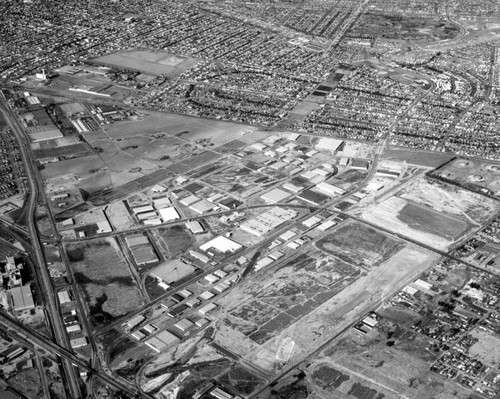 Aerial view of Vail Field and Central Manufacturing District, looking northwest