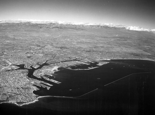 Aerial view of Long Beach, Port of Long Beach, San Pedro, looking northeast