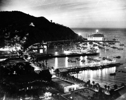 Night view of Avalon Bay and The Catalina Casino, view 2