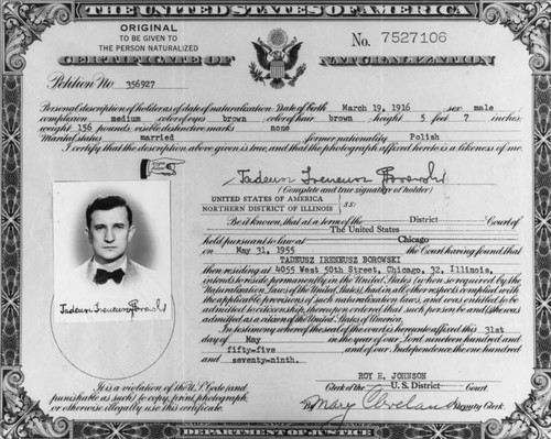 Tadeusz Borowski's naturalization papers