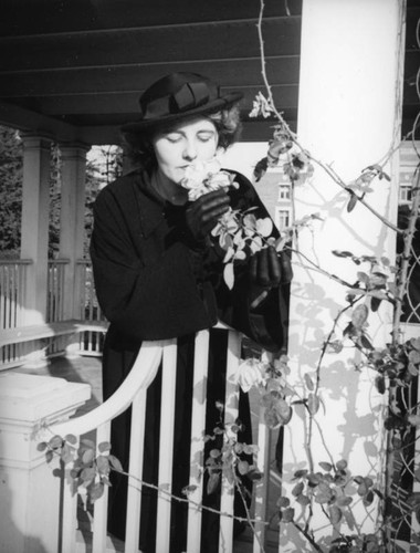 Ethel Schultheis in gazebo at the Exposition Park Rose Garden