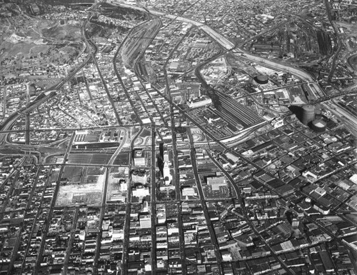 Civic Center, Alameda Street, 101 and 110 Fwys, looking northeast