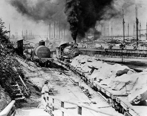 Train hauling rocks, L.A. Harbor