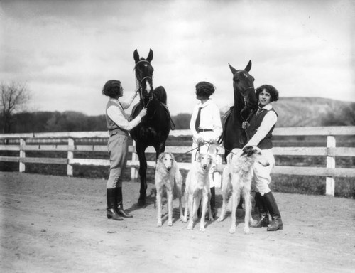 Young woman and her dogs, view 2