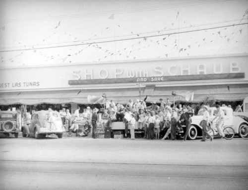 Crowds at an event in front of Schaub Market in San Gabriel