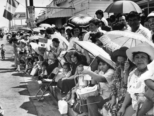 Parade watchers bring umbrellas