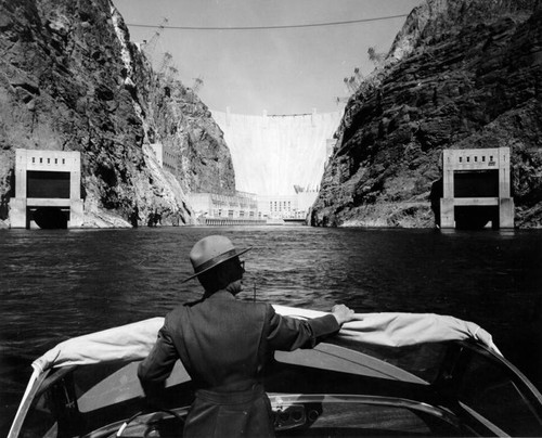 Hoover Dam seen from a boat downstream
