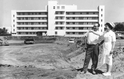 Melba Rardin and L. A. Claypool survey excavation for St. Joseph Hospital's addition