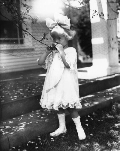 Young girl smelling a rose