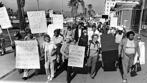 Tom Hayden marches with Venice elderly on Medi-Cal