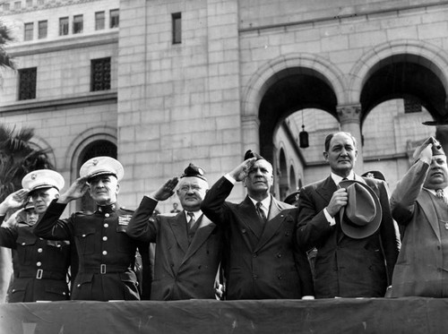 Officials on reviewing stand, Armistice Day parade