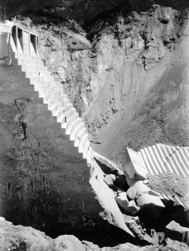 "Tombstone" and large chunks of concrete, St. Francis Dam