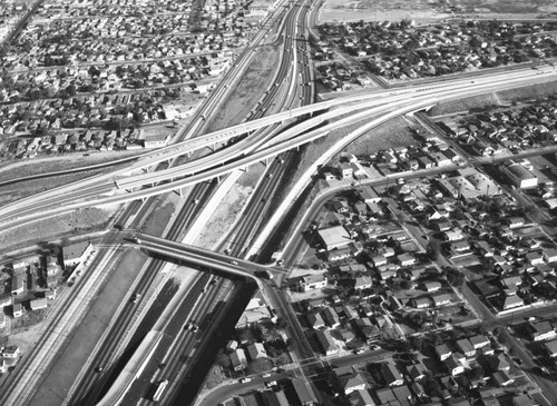 Santa Ana Freeway and Long Beach Freeway interchange, looking east