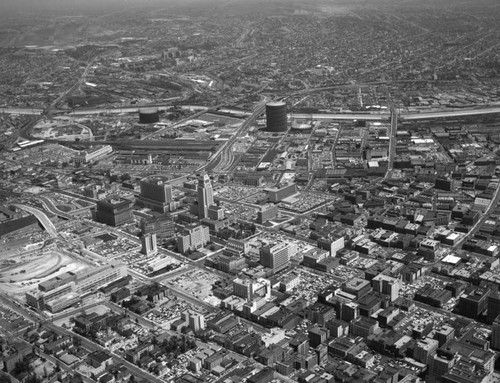 Aerial view of Downtown Los Angeles, looking northeast