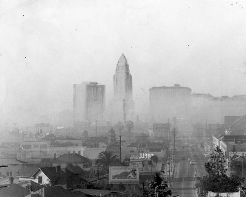 Smog-shrouded view of downtown