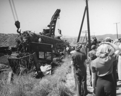 Crane and derailed train, Mint Canyon