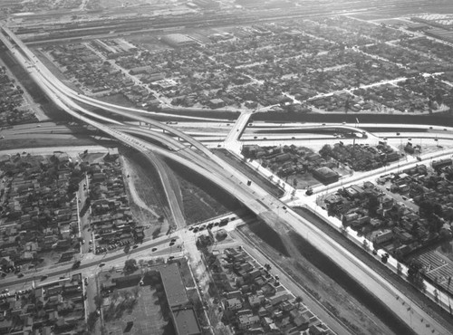 Santa Ana Freeway and Long Beach Freeway interchange, looking southwest
