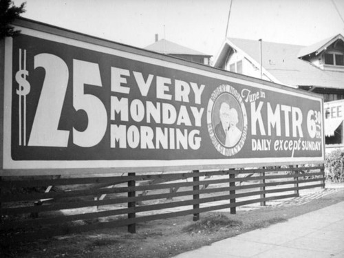 Billboard for Robert Noble's radio program and pension plan