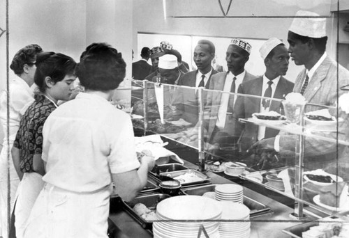 Somali labor leaders line up for lunch at Millikan Junior High, Sherman Oaks