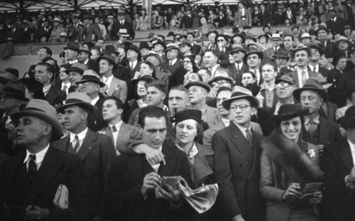 Crowds in the grandstand, Santa Anita Racetrack