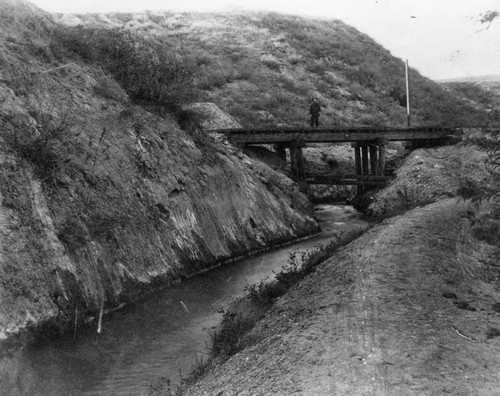 Man standing on an old wooden bridge