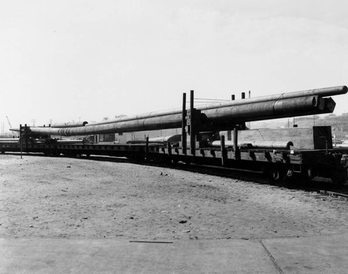 Wooden masts on flat cars