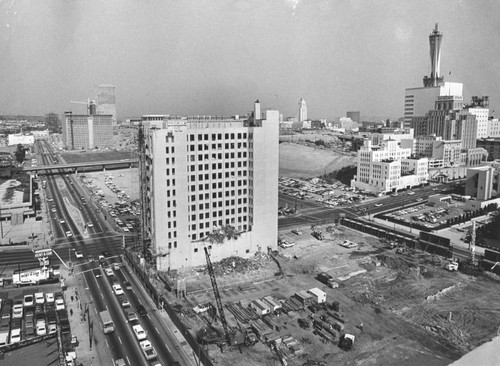 Aerial view of Flower and Figueroa at 5th streets