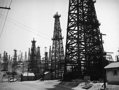 Buildings by the road in the Signal Hill oil field