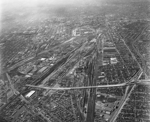 Aerial view of Central Manufacturing District, looking west