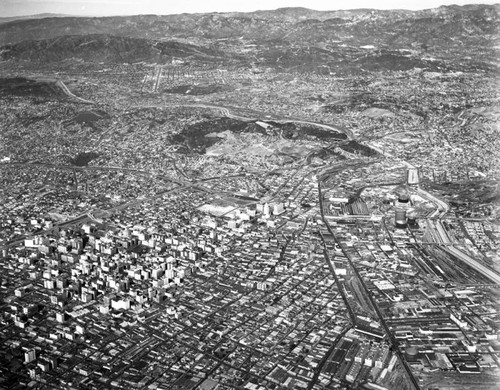 Civic Center, L.A. River, 101 and 110 Fwys, looking northwest