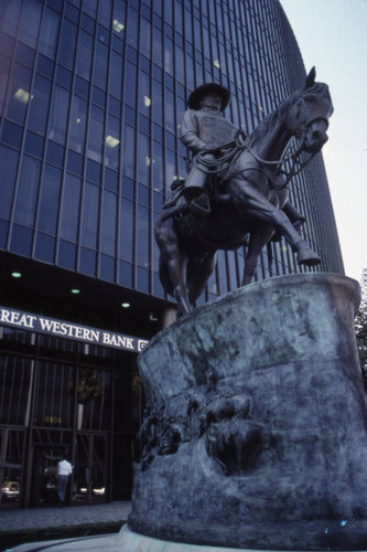 Statue outside Great Western Savings branch