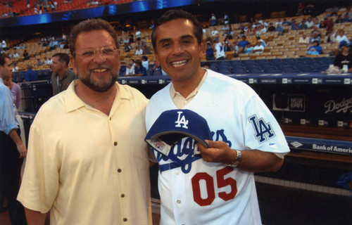 Antonio Villaraigosa and game announcer, Dodger Stadium