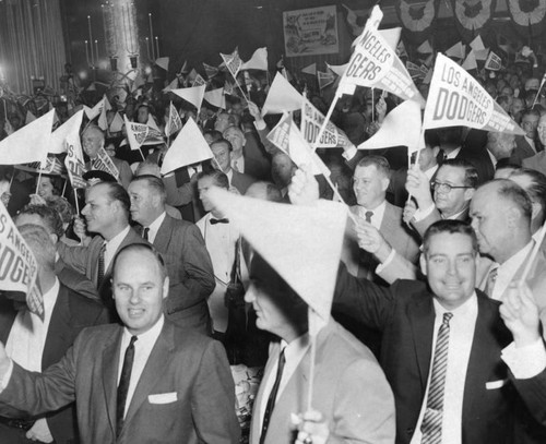 Crowd waves 'Los Angeles Dodgers' pennants