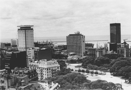 Skyscrapers by a port