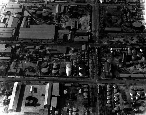 Aerial view of oil refinery tanks