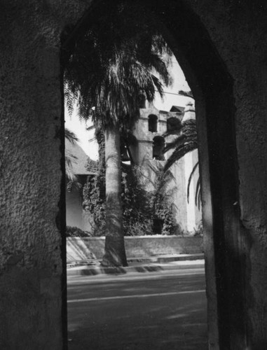 San Gabriel Mission, campanile from Sherwood Park