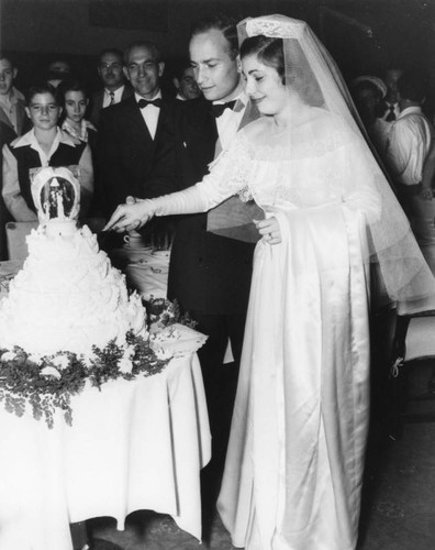 Bride and groom cut wedding cake