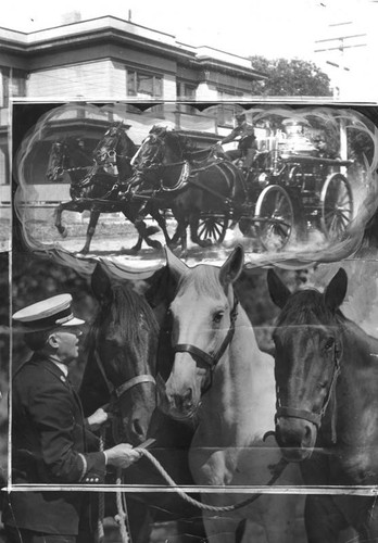 Fire horses and steam pumper, a collage