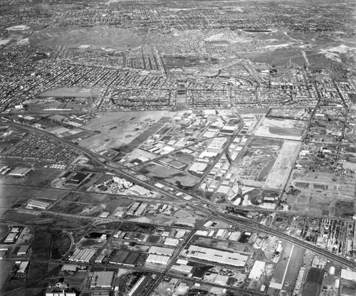 Aerial view of Vail Field and Central Manufacturing District, looking north