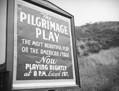 Pilgrimage Play billboard and Pilgrimage Theatre