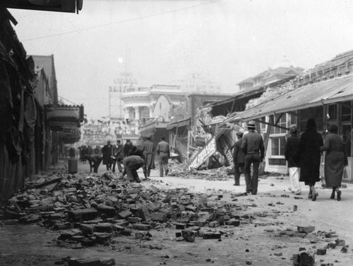 Street of earthquake-damaged buildings