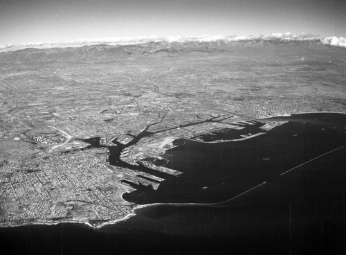 Aerial view of Long Beach, Port of Long Beach, San Pedro, looking northeast