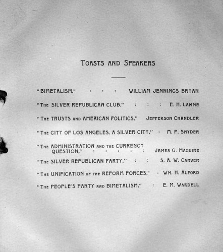 Williams Jennings Bryan banquet menu