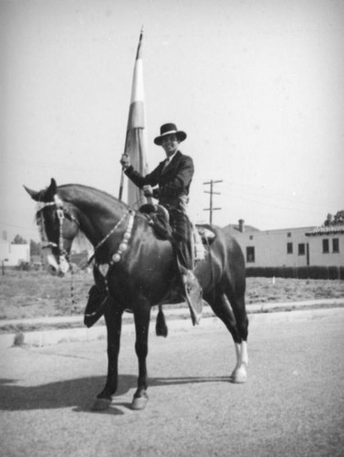 Man on horseback holding a flag